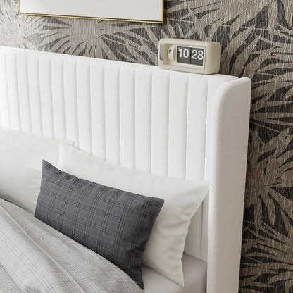 GOLDORO Upholstered King Size Bed Frame with Wingback Headboard, White