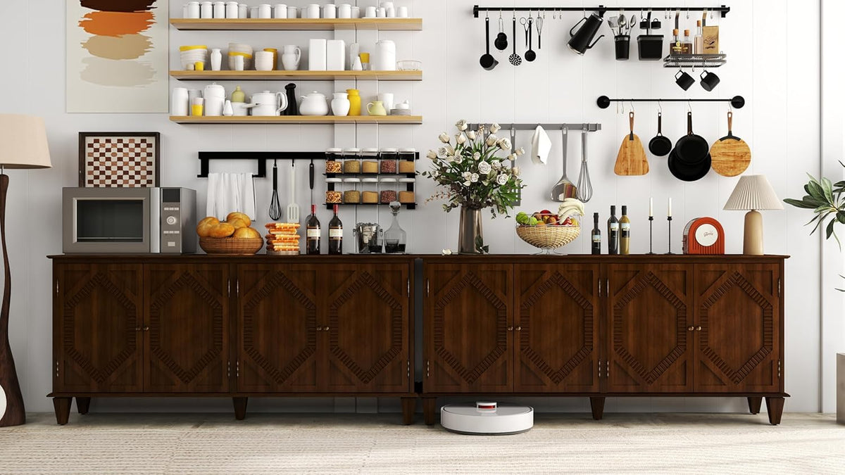 LKTART 65" Mid Century Sideboard Buffet Cabinet with Solid Wood Legs,Accent Storage Cabinet Credenza with 4 Doors for Living Room,Entryway,Kitchen(Walnut)