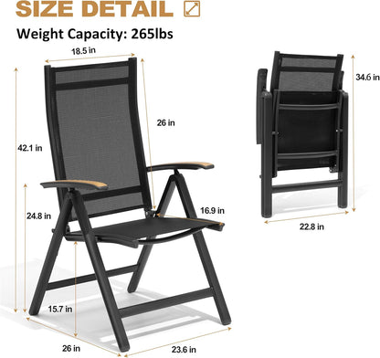 Folding Patio Chairs Set of 2, Aluminum High Back Outdoor Recliners with Teak Armrests, No Assembly Required, Adjustable