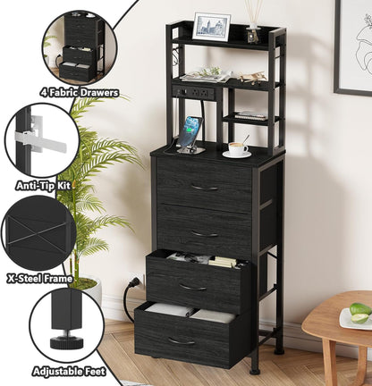 Furnulem Tall Nightstand, LED Night Stand with Charging Station | USB Ports, 4 Fabric Drawers and 4 Tier Storage Shelf, Nightstands Bedside Tables for Bedroom, Dorm, Office (Black Oak)