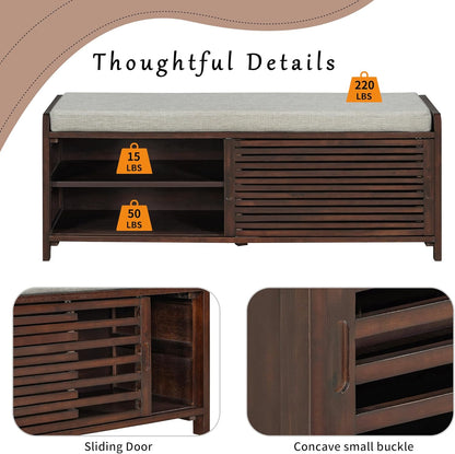 Merax Multipurpose Entryway Storage Bench with Shutter Doors, 43.3" Wooden Shoe Organizer with Upholstered Seat for Entryway, Hallway and Living Room