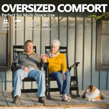 Outdoor Rocking Chair Oversized of 2 & Side Table Set, HDPE All Weather Resistant Patio Rocker, 31.5" High Back 21.5" Deep Seat Porch Chairs Set for Lawn Garden Deck Balcony 400lbs Capacity(Black)