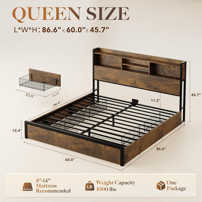 Belffin Queen Bed Frame with 6 Storage Drawers and Carving Headboard