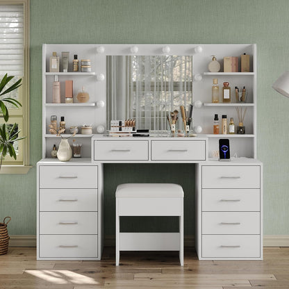 Yanosaku 55'' W Makeup Vanity with Mirror & Lights, 10 Drawers Vanity Desk with Charging Station, 6 Open Shelves, 3 Lighting Modes Brightness Adjustable, Glass Top Vanity with Chair for Bedroom, White