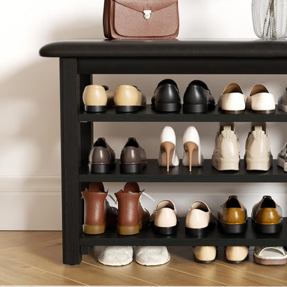 Shoe Rack Bench with Leather Cushion 3-Tier Shoe Rack Organizer for Entryway Hallway or Living Room Farmhouse Rustic Wooden Seat Bench Black 11.8" Dx31.5 Wx20.4 H