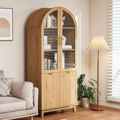 Pamapic 71" Tall Arched Cabinet, Fluted Kitchen Pantry with Glass Doors & Adjustable Shelves, Arch Storage Cabinet, Wooden Pantry for Dining Room, Living Room (Natural)
