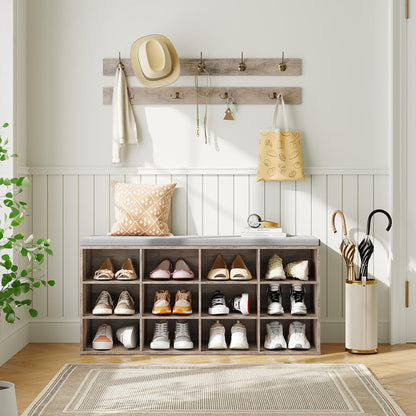 HOOBRO Shoe Storage Bench with Cushion, 39.4" L Entryway Bench with 12 Cubbies, Entryway Hall Tree with Storage, Shoe Cabinet with Coat Rack for Bedroom, Hallway, Holds up to 330 lb, Gray GY112HX01