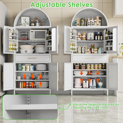 73”H Metal Arched Kitchen Pantry Cabinet with 1 Drawer, Farmhouse Pantry Cabinet with 4 Doors and 3 Adjustable Shelves for Kitchen, Dining Room, White