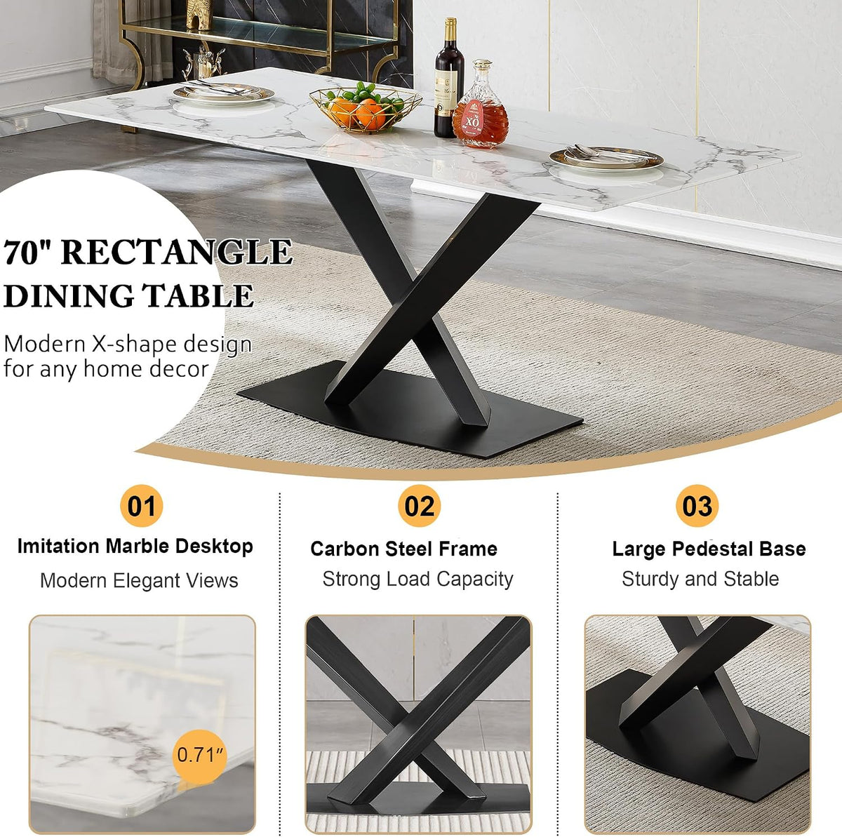 70in Faux Marble Dining Table for 6-8 Person, Modern White Kitchen Dining Room Table with Black X-Shape Carton Steel Pedestal Base, Large Rectangle Dinner Table for Kitchen Dining Room