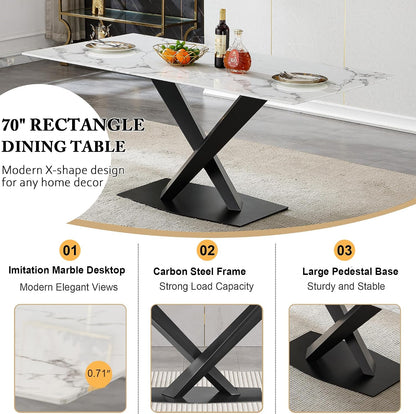 70in Faux Marble Dining Table for 6-8 Person, Modern White Kitchen Dining Room Table with Black X-Shape Carton Steel Pedestal Base, Large Rectangle Dinner Table for Kitchen Dining Room