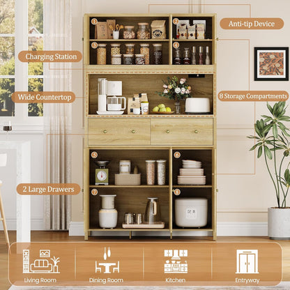 GarveeHome 71" Tall Kitchen Pantry Cabinet with Charing Station, Kitchen Pantry Storage Cabinet with Countertop, Modern Kitchens Hutch Cabinets with Storage for Living Room Dining Room, Natural