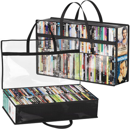 Lifewit DVD Storage Bags, Clear PVC Media Organizer with Handles, 2 Pack | Clear PVC with zipper and handles. Holds 180 DVDs (90 per bag). For Blu-ray, VHS, games, books, albums. Space-saving.