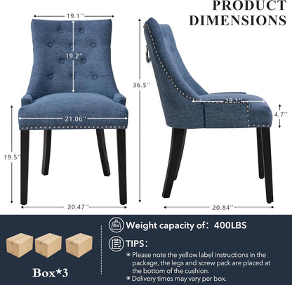 adochr Dining Chairs Set of 6, Upholstered Fabric Dining Room Chairs with Nailhead High Back & Ring Pull & Wooden Legs, Mid-Century Modern Kitchen Chairs for Restaurant, Living Room, Navy Blue