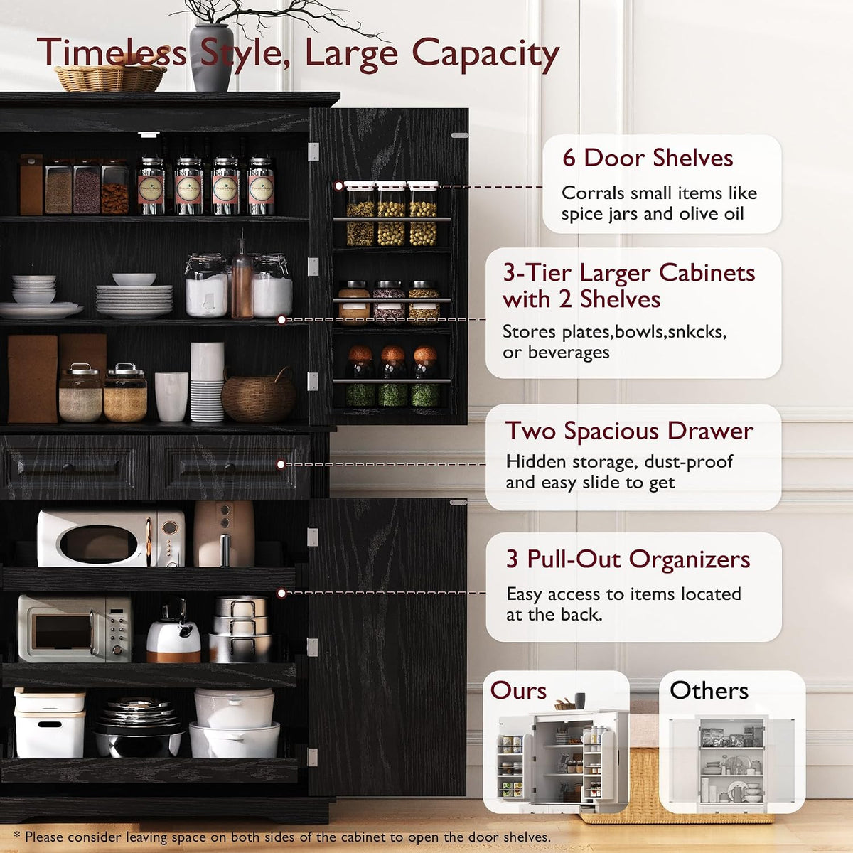 Tall Kitchen Pantry with 3 Pull Out Storage Organizers,Farmhouse Embossed Texture Storage Pantry with 6 Door Shelves,Freestanding Cupboard for Kitchen,Dining Room (Black-PC)