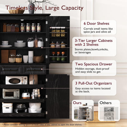 Tall Kitchen Pantry with 3 Pull Out Storage Organizers,Farmhouse Embossed Texture Storage Pantry with 6 Door Shelves,Freestanding Cupboard for Kitchen,Dining Room (Black-PC)