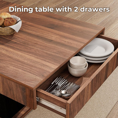 55" Dining Table for 4 to 6 People, Farmhouse Wood Dinner Table with Drawers & Open Storage for Kitchen, Dining Room & Living Room (Walnut & Black)