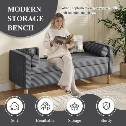 65.35" Storage Bench, Corduroy Upholstered End of Bed Bench with Bolster Pillows, Modern Storage Bench with Natural-Patterned Wooden Legs, Comfy Entryway Bench for Entryway (Charcoal)