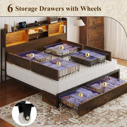 Belffin King Size Bed Frame with 6 Storage Drawers and Carving Headboard