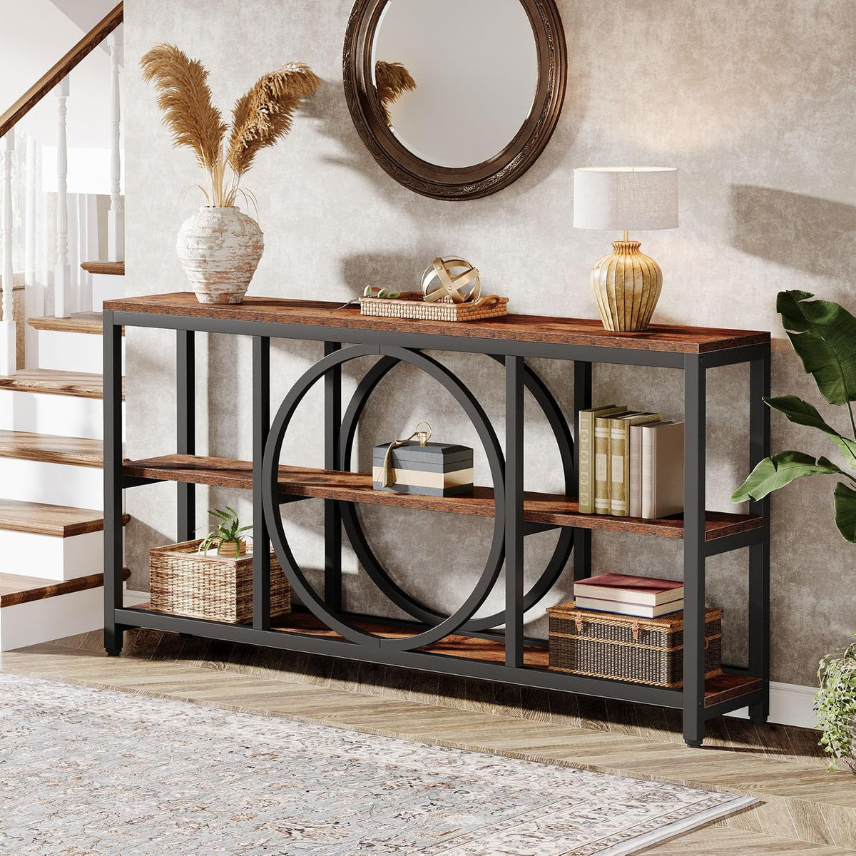 Tribesigns 70.9 Inch Extra Long Console Table for Entryway, Sofa Table Behind Couch with 3 Tier Wood Storage Shelves Industrial Metal Frame for Living Room Hallway Entryway, Brown Black