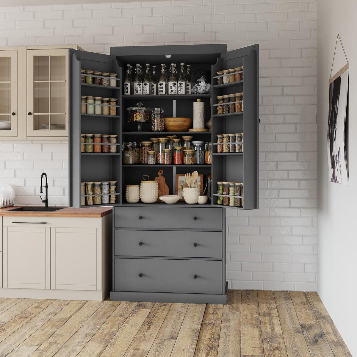 Bellemave Large Kitchen Pantry Freestanding Cupboard Storage Cabinet with 3 Adjustable Shelves, 8 Door Shelves, 3 Drawers High Kitchen Buffet Cabinet for Living Room, Kitchen (Grey)