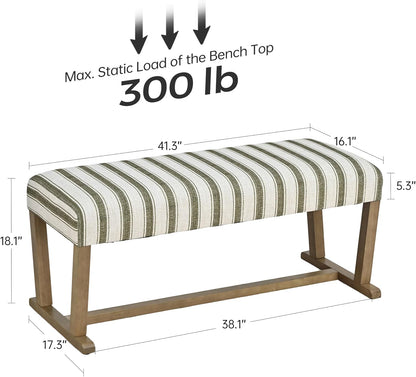 VKNOW 41" Upholstered Entryway Bench, End of Bed Bench with Cushion and Rubber Wood, Kitchen Dining Bench, Striped Bench for Dining Table, Bedroom, Living Room, Green