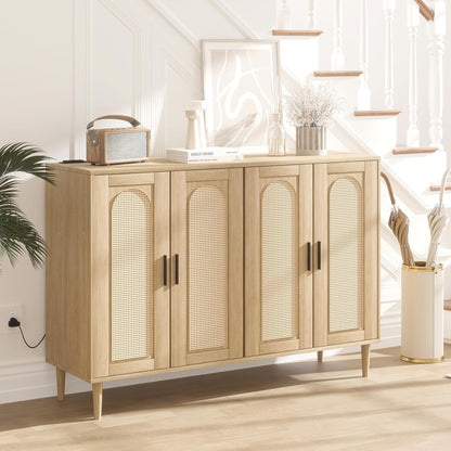 Patikuin Rattan Sideboard Buffet Cabinet, Boho Accent Storage Cabinet, 4 Doors Console Table Coffee Bar with Power Outlet, Adjustable Shelves for Kitchen, Dining Room, Hallway, Living Room (Wood)