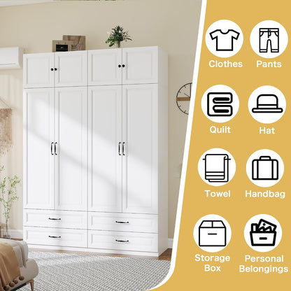Armoire Wardrobe Closet with Doors: 89" Extra Tall White Wardrobe with Storage on Top, Bedroom Armoires with 4 Doors and 4 Drawers, Large Wood Closet Armoire for Hanging Clothes