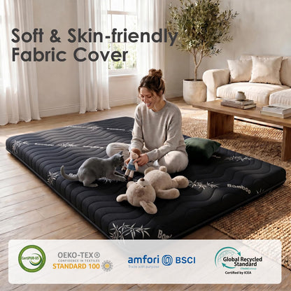 Japanese Floor Futon Mattress, 3.5" Thick Viscose Derived from Bamboo, Twin | Breathable Foldable Futon Mattress Tatami Mat, 100% High Density Foam, Roll Up Floor Bed for Guest Room Bedroom RV, Black