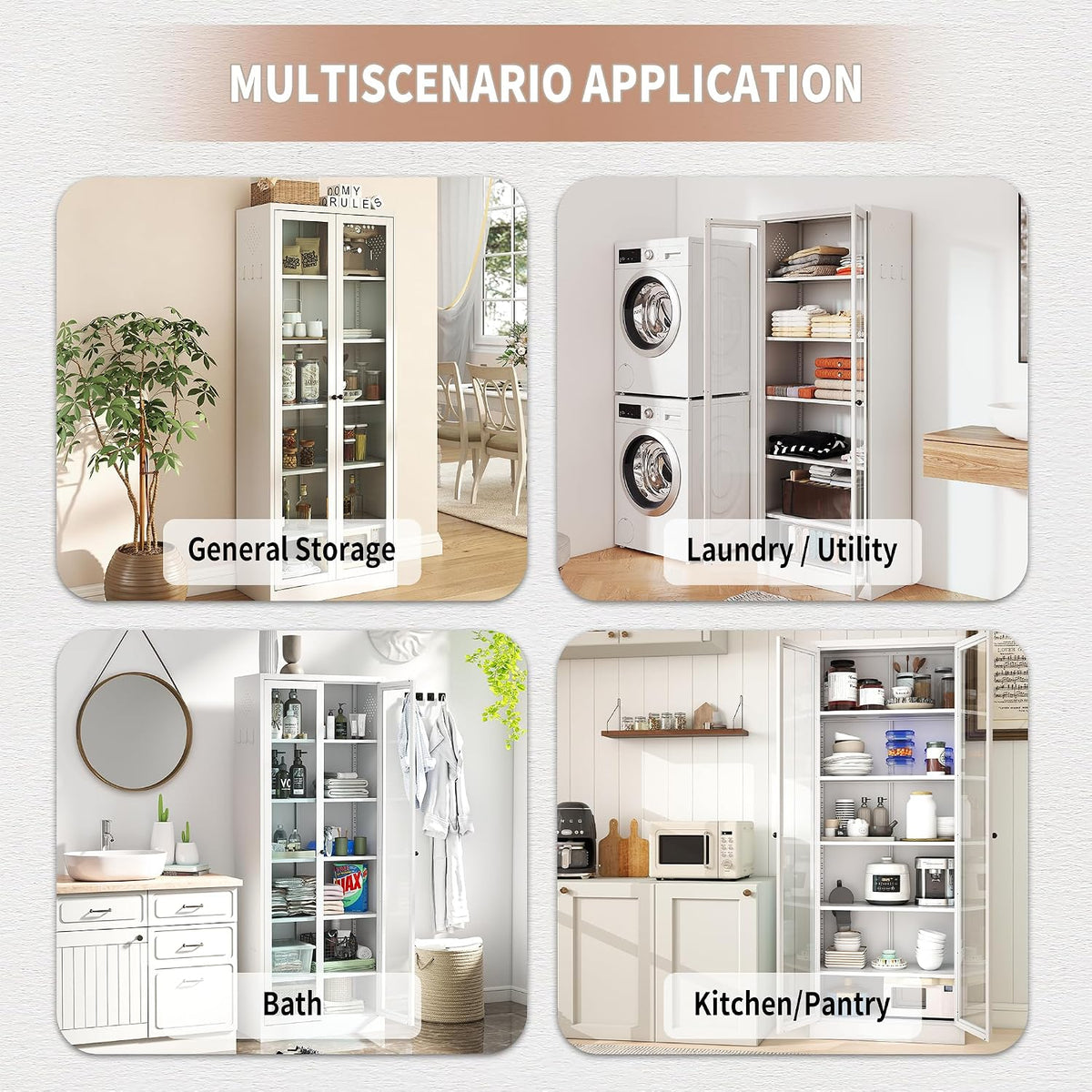 Metal Kitchen Pantry Cabinet, 72" Tall Storage with 5 Adjustable Shelves, White Freestanding Cabinet for Kitchen Pantry Bathroom, 14" Narrow Cabinet with Glass Door