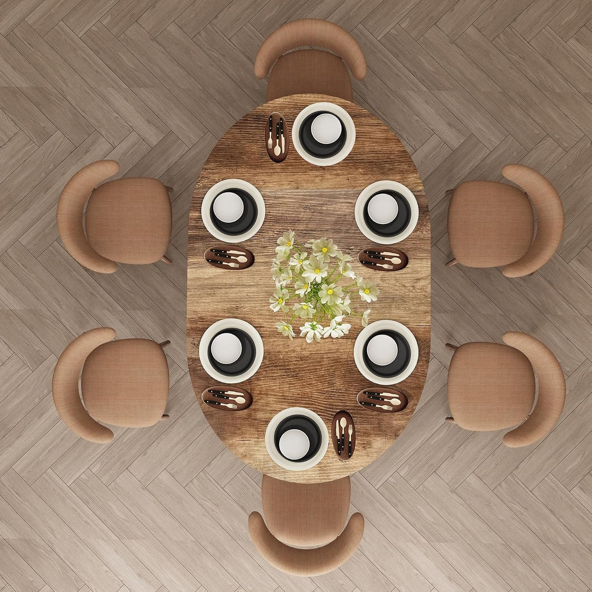 59-Inch Extendable Round Dining Table for Dining Room, 4-6 People Large Expandable Kitchen Dinner Tables with Oval Wood Top and Industrial Metal Frame for Dinner Room, Small Space, Black Brown