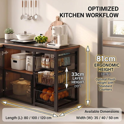 Sintered Stone Kitchen Island Table, Heavy Duty Microwave Stand | With Pull Out Baskets, Kitchen Storage Rack With Glass Doors, 40mm Steel Frame, 50kg Load(White,80x40x81cm)