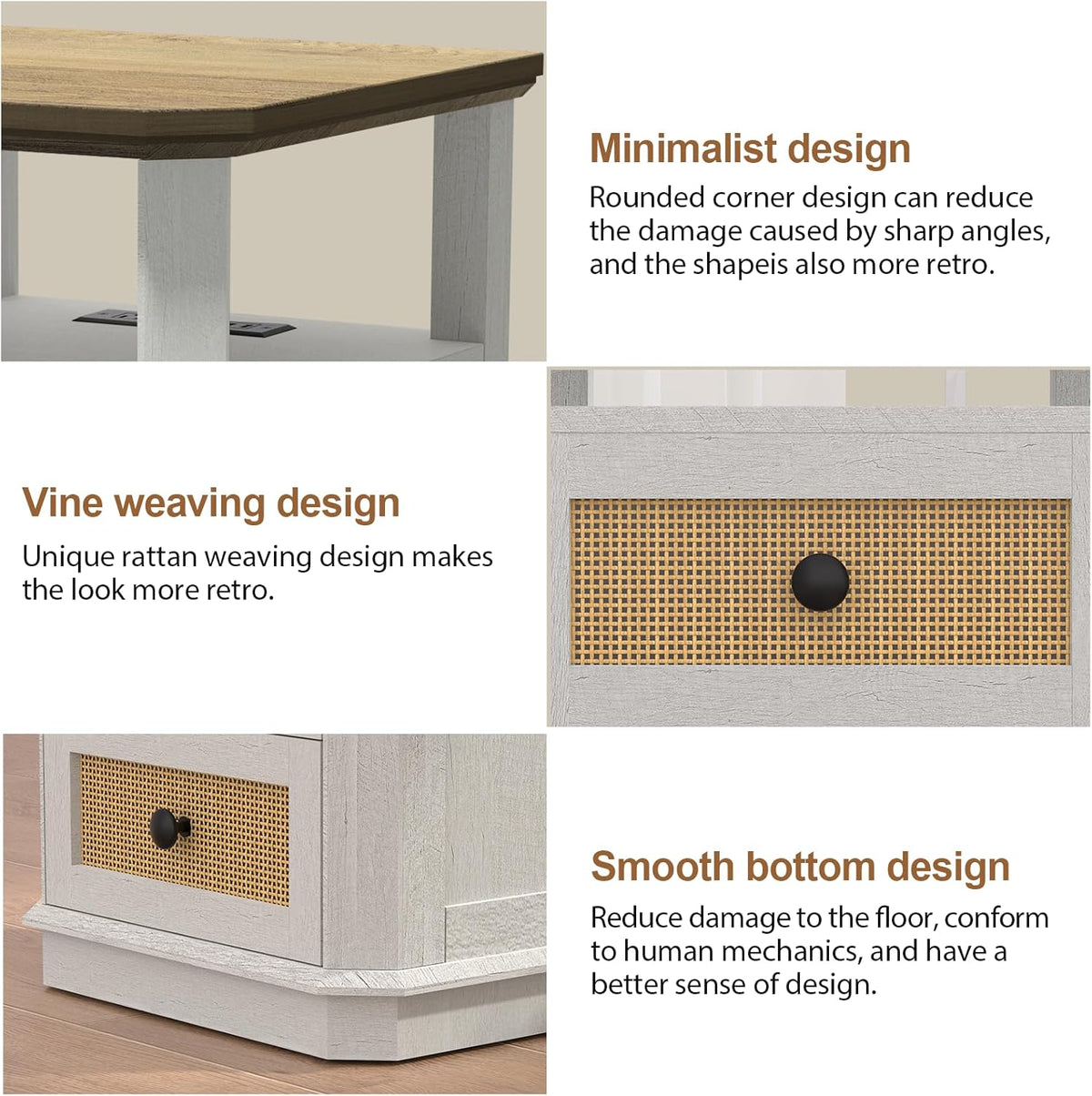 REDAYFUR End Table with Charging Station, 18" Small Modern Farmhouse Nightstand with Rattan Drawers, Tall Bedside Table & 2-Drawer Dresser for Bedroom, Living Room, Hallway, White