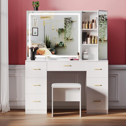 Wildhome Vanity Desk with Mirror and Lights, Makeup Vanity Desk with 7 Drawers & Cushioned Stool, Hidden Cabinet, Brightness Adjustable, Vanity Table for Bedroom, Dressing Room, Women, Girl (White)