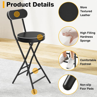 Folding Stool with Back Support, 24 Inch Portable Collapsible Bar Stool | with Padded Seat, Cushioned Foldable Chair for Kitchen, Camping, Adults & Indoor Outdoor Use