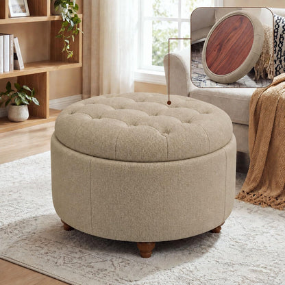 25" Round Ottoman with Storage, Small Coffee Table with Reversible Tray Lid | Tufted Fabric Round Storage Ottoman with Solid Wood Legs, 3-in-1 Footrest for Living Room, Bedroom, Entryway, Coffee