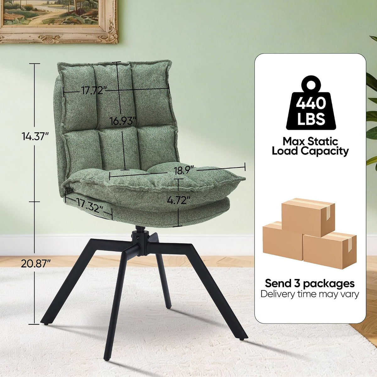 Swivel Dining Chairs Set of 6, Mid-Century Modern Chairs with Linen Fabric, High Back with High-Density Stuffed PP Cotton & Automatic Swivel Metal Legs, Suitable for Kitchen & Living Room(Green)