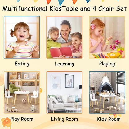 Rabbit Ear Kids Table and Chairs Set for Toddlers - White Wooden Childrens Play Table with 2 Chairs, 23.6 inch Kids Desk with Rounded Corners for Playroom (Solid Wood+MDF, White(Rabbit Ear))