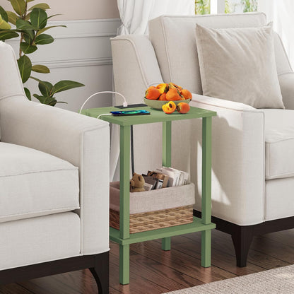 TUTOTAK End Table with Charging Station, Small Side Table with Outlets, Nightstand Bedside Table, 2-Tier Storage Shelf for Small Space, Living Room, Bedroom, Olive Green TB01BOG040