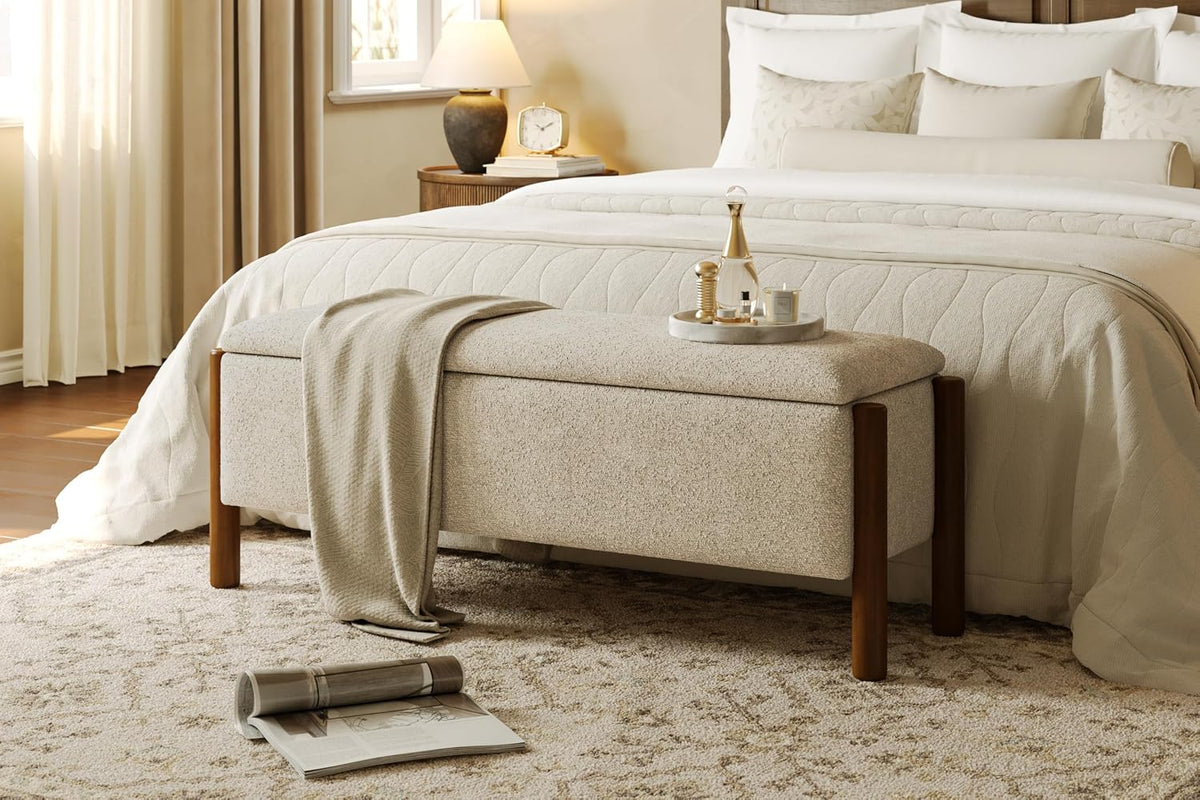 Modern Storage Benches with Walnut Wood Legs, 47'' Ottoman Bench with 20 Gallons Storage Space for Bedroom End of Bed, Fabric Upholstered Entryway Bench with Seating for Livingroom, Beige