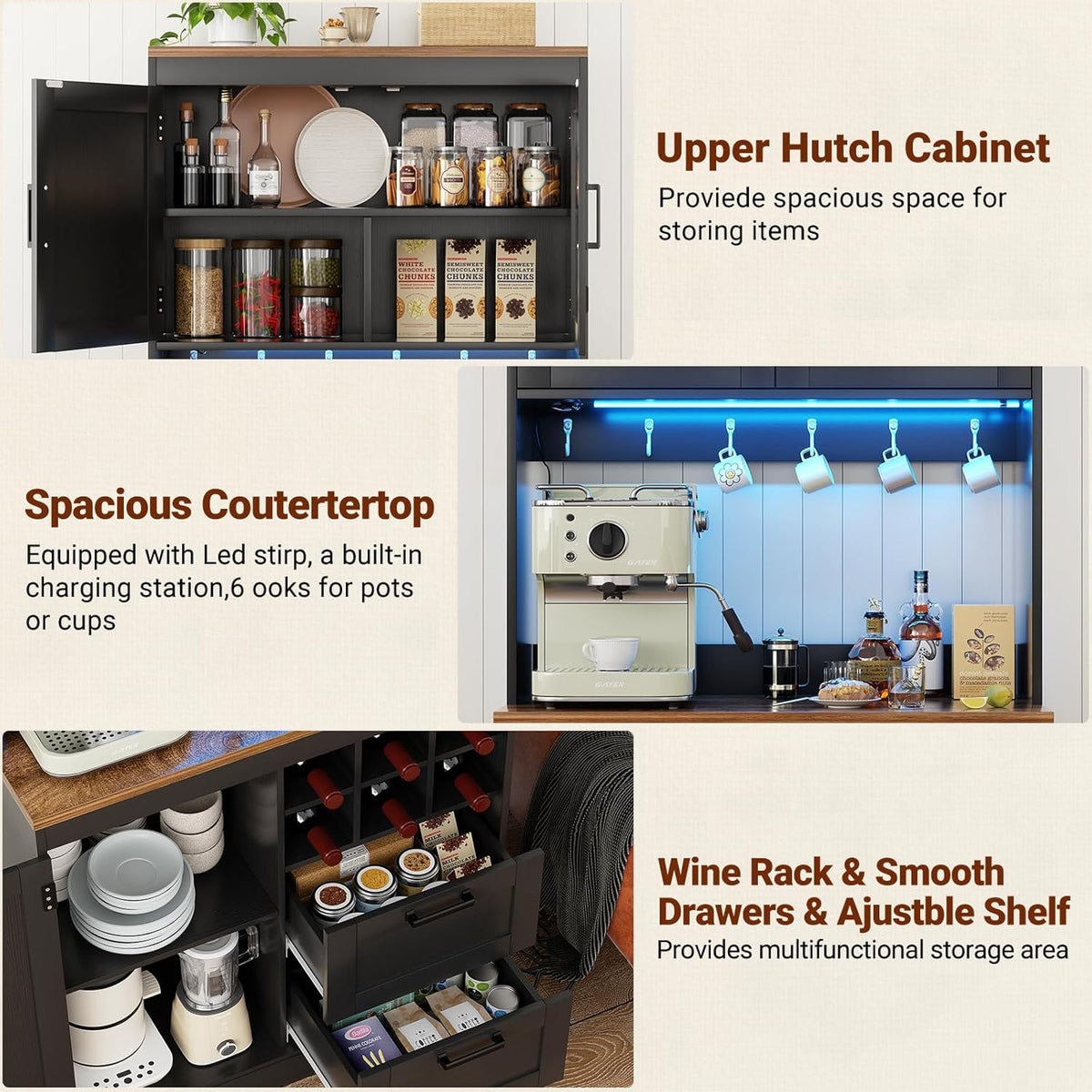 Unikito 72" Tall Pantry Cabinet, Kitchen Pantry Storage Cabinet with LED Light & Outlet, 63" Wide Kitchen Hutch Bar with Microwave Stand, Drawers, Wine Rack & Shelves for Dining Room, Black and Rustic