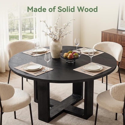 47.24" Black Round Dining Table for 4–6 People, Solid Wood Kitchen Table with 1.18" Thick Wooden Tabletop & Stable Cross-Shaped Base for Dining Room, Pure Black