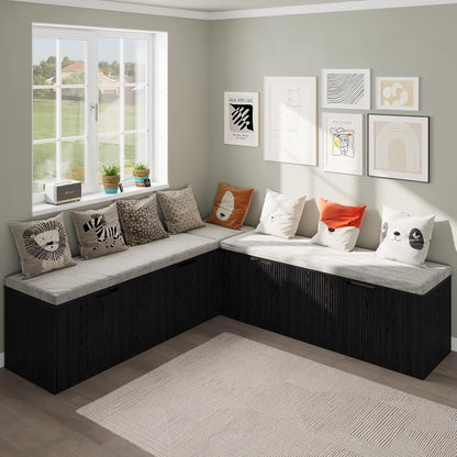 Bobve L-Shape Storage Bench with Cushion, Backless Corner Dining Bench, Kitchen Dining Nook Bench with Hidden Storage for Dining Room, Kitchen, Entryway (Black)
