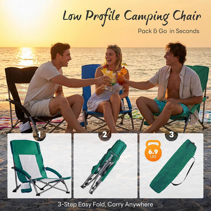NEWBULIG Low Beach Chair – Folding Camping Chair for Adults, Low Profile Lawn Chair with Cup Holders & Carry Bag, Extra Wide Seat and High Back, Portable for Beach, Outdoors, Travel & Concerts, Blue