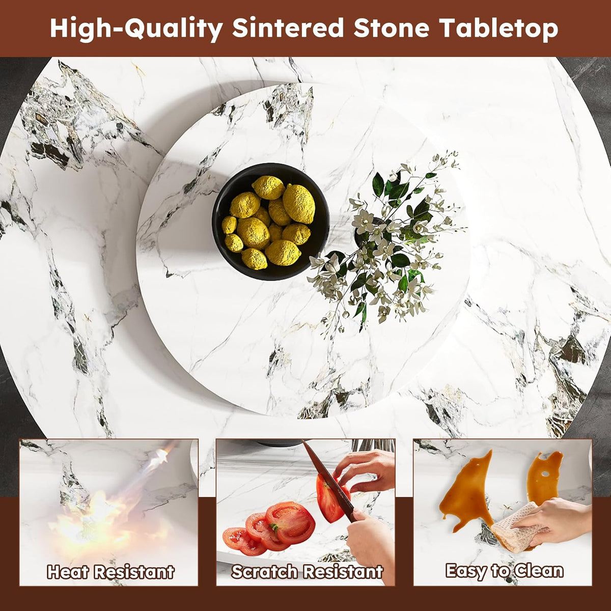 Leavader 59" Round Sintered Stone Dining Table with 31.5" Detachable Turntable Design, Modern White Artificial Dining Room Table for 6-8 (White & Golden 2)