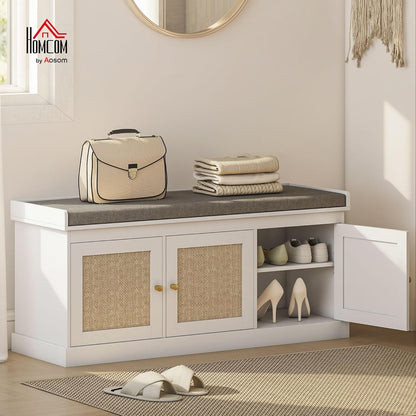 HOMCOM Shoe Bench with Woven Rattan Doors, Shoe Storage Bench with Cushion, Adjustable Shelves for 9 Pairs, Boho Style Entryway Bench for Bedroom, Living Room, 13.8 x 41.3 x 18.5 Inches, White