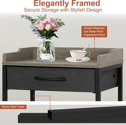 Tall Side Table with Drawer and Shelves, Narrow End Table with Optional Wheels, 4-Tier Small Side Table, 30" High for Living Room, Bedroom, Bathroom, Black & Grey