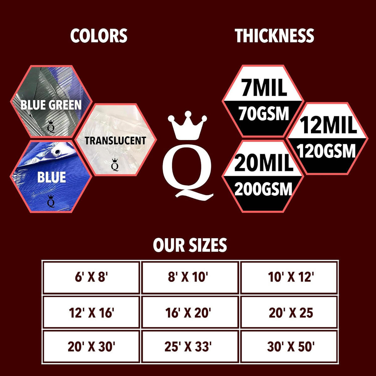 QUEEN OF TARPS | 6x8 Light Duty Tarp Waterproof, 70 GSM is 7 MIL, UV/Tear Resistant Tarp, Camping, Outdoor Furniture, Car, Tents, Painting, Firewood Protection | 6x8, Light Duty