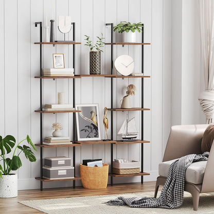HOOBRO DIY Ladder Shelf, 6-Tier Wooden Wall Mounted Bookshelf, Narrow Bookcase, Display Shelf, Storage Rack, Plant Stand, for Living Room, Bedroom, Study, Balcony, Rustic Brown and Black BF651CJ01
