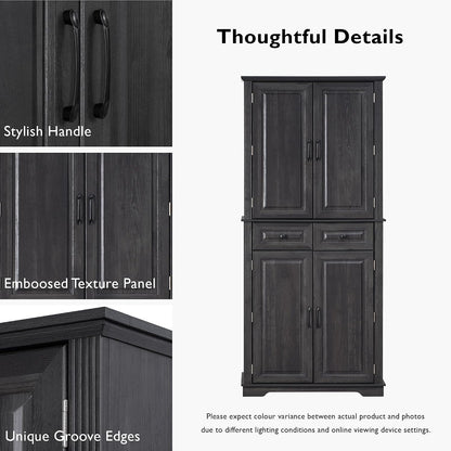 71" Tall Kitchen Pantry Cabinet with 3 Pull Out Organizers, Farmhouse Storage Cabinet with 6 Door Shelves,2 Drawers,Freestanding Cupboard for Kitchen Dining Room (Black-@01)