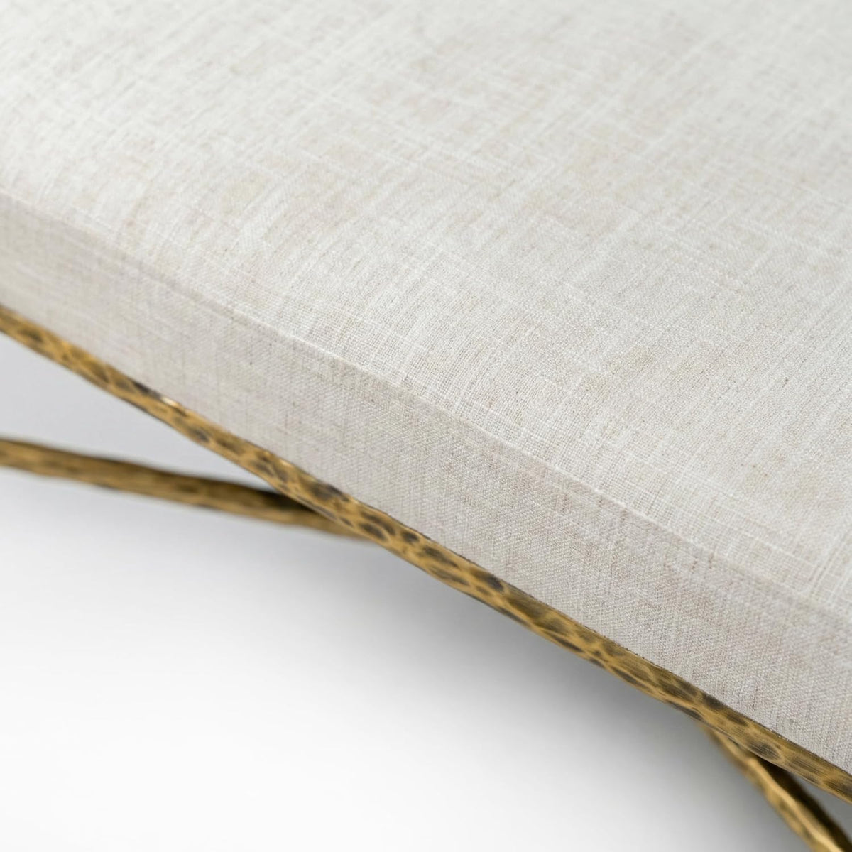 24/7 Shop at Home Lalia Upholstered 48-inch Metal Bench with Padded Roll Arms, Beige Fabric Seat, Hammered Forged Steel Frame, Modern Bedroom or Entryway, Matte Gold